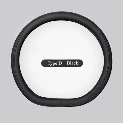 Luxury Napa Leather Perforated Patchwork Steering Wheel Cover, designed for universal fit on 15-inch wheels, featuring a non-slip and breathable design for enhanced driving comfort.