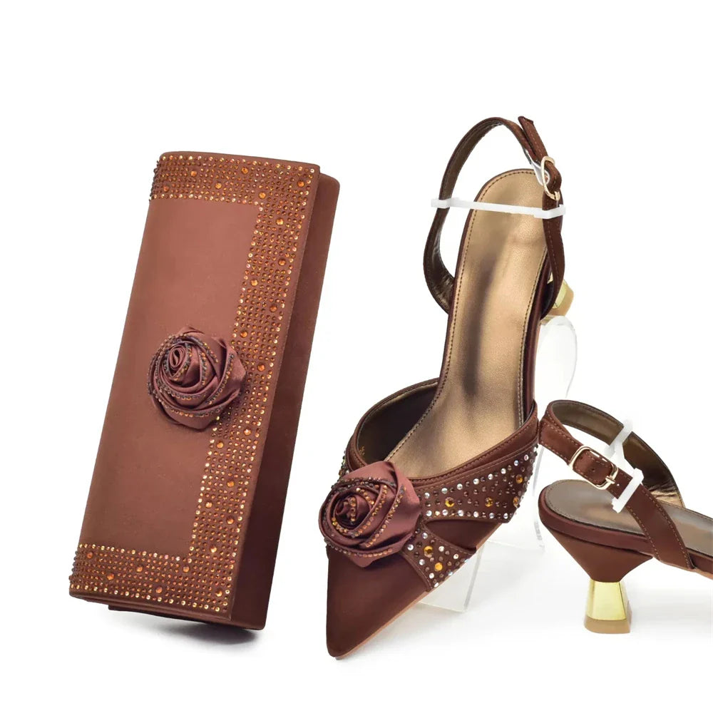 Elegant women’s Italian shoe and bag set adorned with handmade flowers, perfect for upscale parties, available in sizes 38-43.