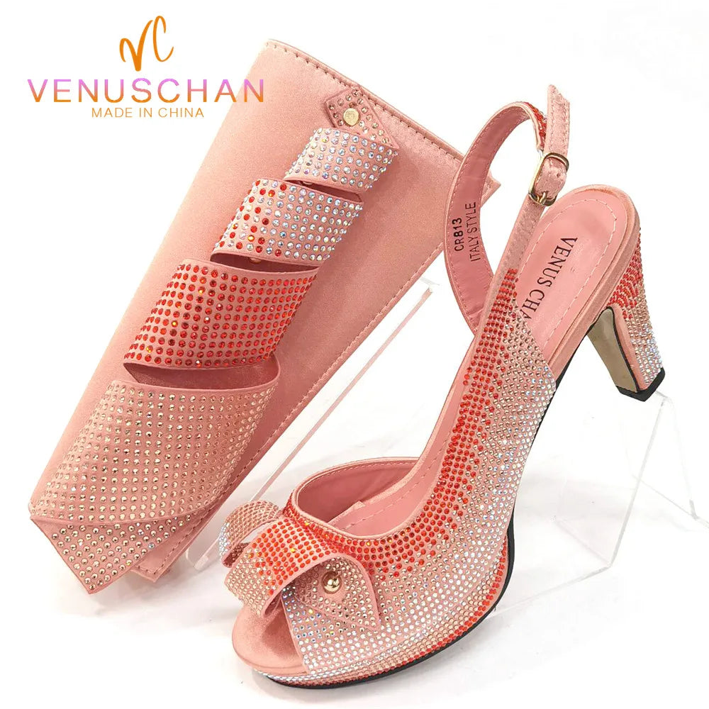Elegant Venus Chan peach rhinestone high heels set for women, perfect for parties and summer events.