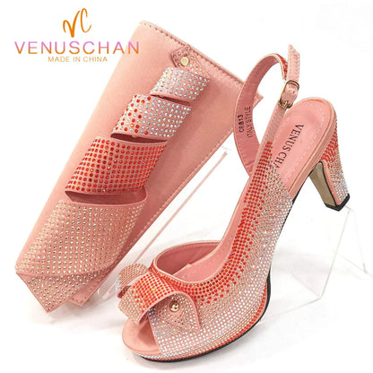 Elegant Venus Chan peach rhinestone high heels set for women, perfect for parties and summer events.