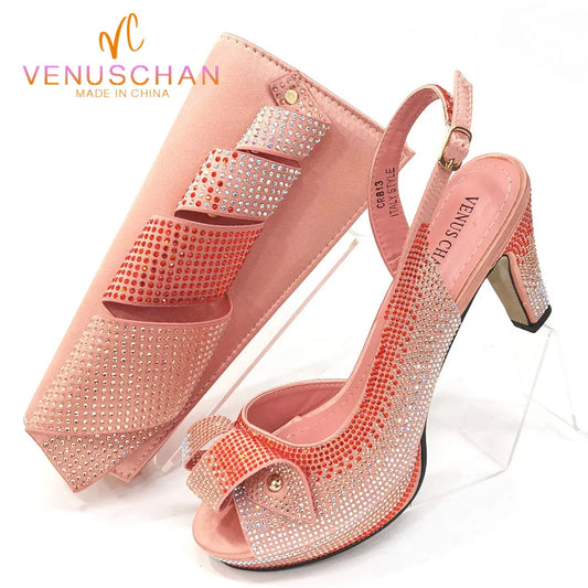 Elegant Venus Chan peach rhinestone high heels set for women, perfect for parties and summer events.