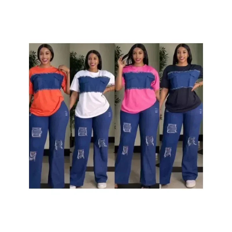 Stylish model wearing the short sleeve top and jeans from the African Dashiki denim set, epitomizing summer elegance and trendy office lady style.