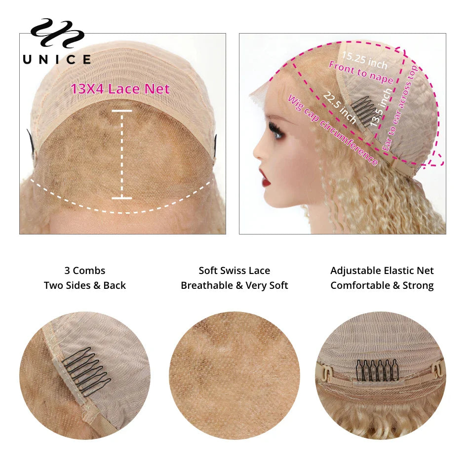 Elegant display of the Unice 613 Blonde Straight 5x5 HD Lace Wig showcasing its exquisite Swiss lace base and stunning transparent lace colour.