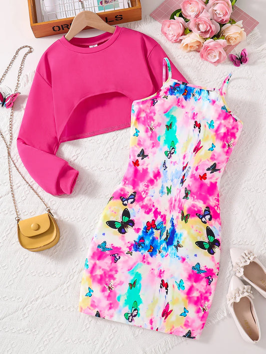 Luxurious girls' autumn 2-piece set featuring a solid round neck top and exquisite butterfly patterned suspender skirt for ages 7-13.