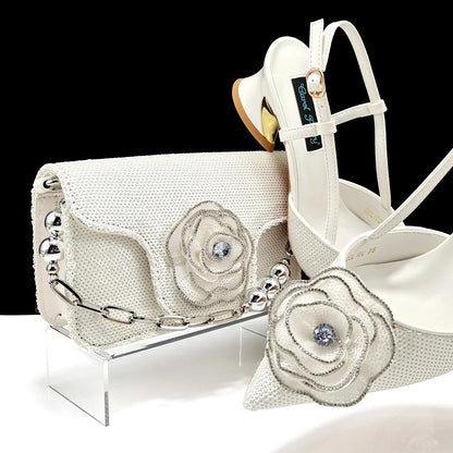 Elegant ensemble of QSGFC gold wedding shoes and handbag, highlighting their exquisite craftsmanship and chic design suitable for any celebration.
