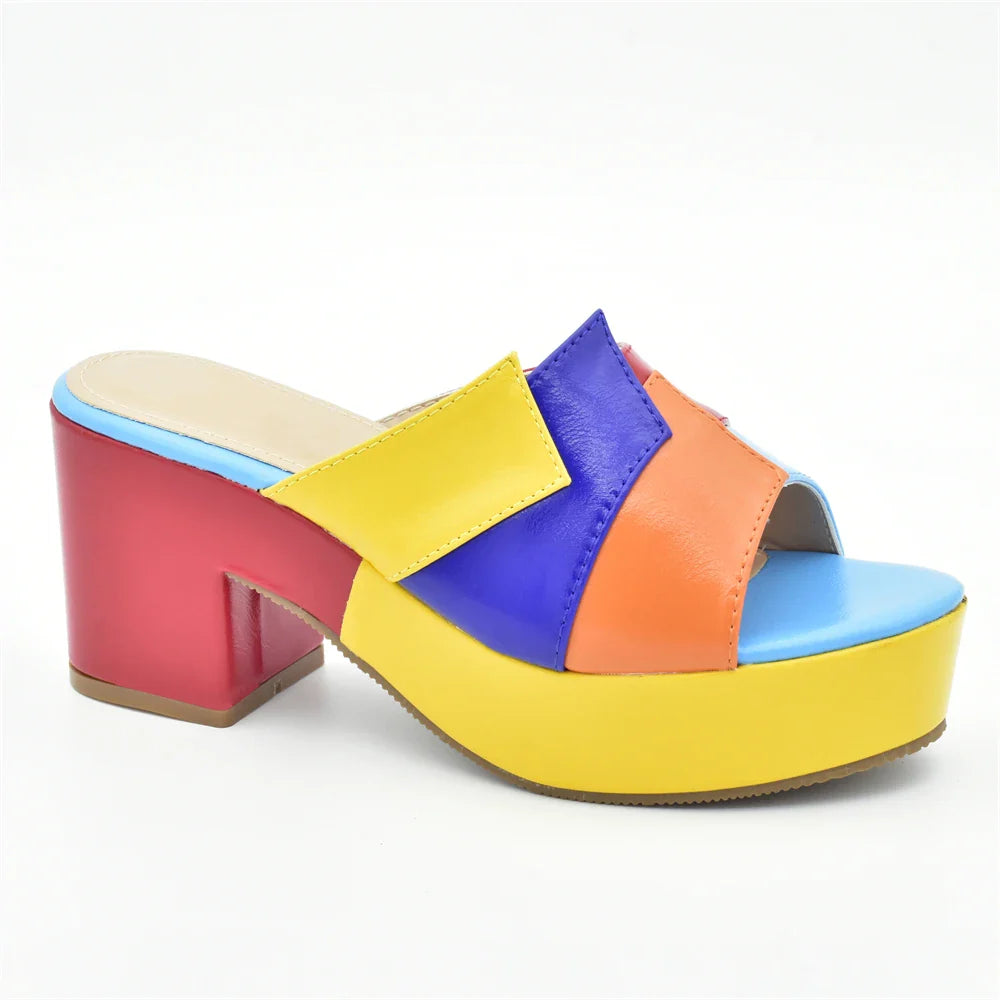 Luxury multicolor high heel sandals with PU material, perfect for sophisticated summer outfitting and special occasions.