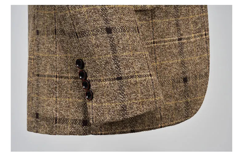 Full view of a distinguished men's one-button suit with vest and trousers, designed for an upscale smart casual aesthetic.