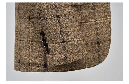 Full view of a distinguished men's one-button suit with vest and trousers, designed for an upscale smart casual aesthetic.