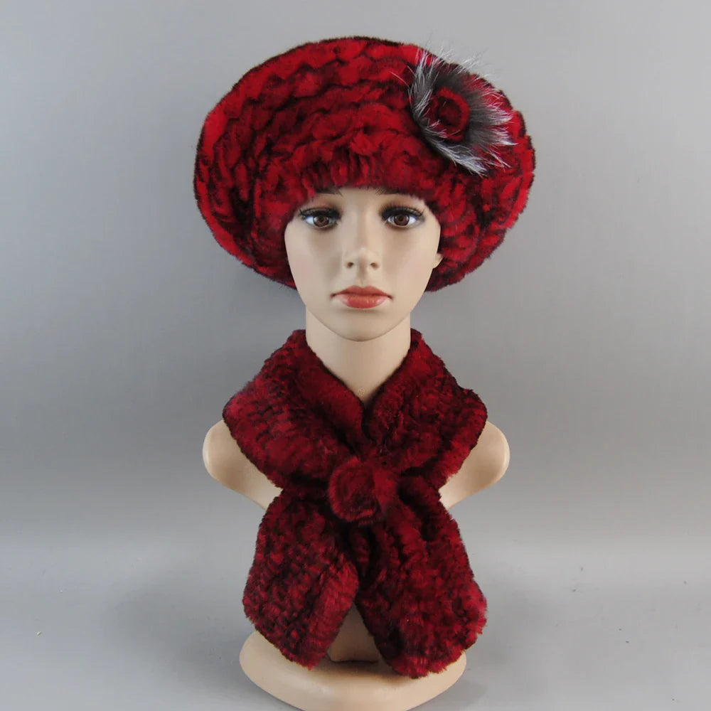 Elegant winter faux fur hat and scarf set for women, featuring a luxurious knitted design and premium quality rex rabbit and fox fur.