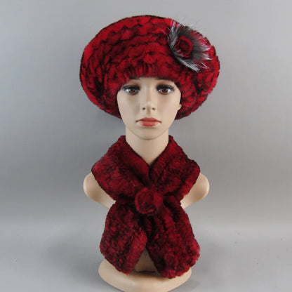 Elegant winter faux fur hat and scarf set for women, featuring a luxurious knitted design and premium quality rex rabbit and fox fur.