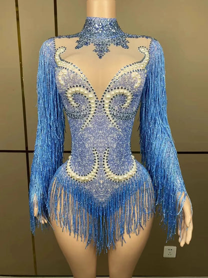 Luxury women's Cha-Cha dance practice suit featuring a slim stretch skirt with an elegant fringe design and pearl accents, ideal for stylish dancers.