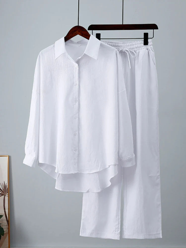 Full view of the Luxury Women's Casual Spring/Summer Outfit Set featuring pockets and patchwork decoration, ideal for a relaxed yet elegant summer vibe.