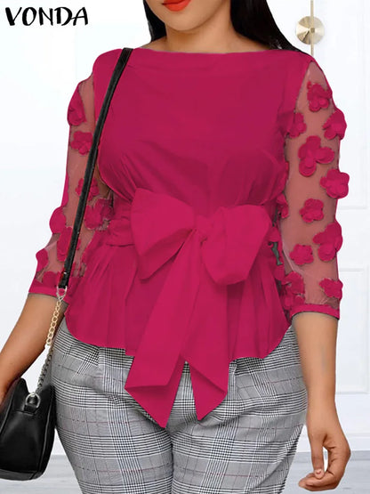 Elegant Plus Size VONDA Women's Mesh Blouse featuring a Bohemian Patchwork design with floral patterns, ideal for relaxed summer outings.