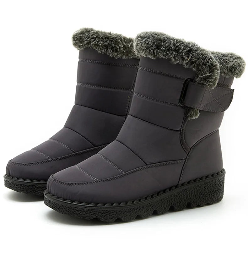 Luxury women's waterproof ankle snow boots with fur, showcasing a stylish low-heel wedge design for winter comfort and elegance.