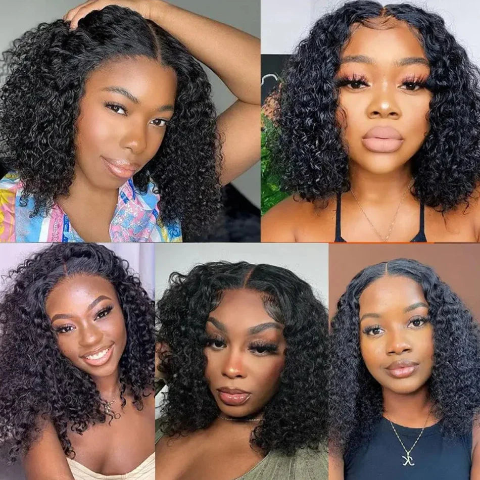 Glueless Water Wave HD Lace Frontal Bob Wig styled elegantly, showcasing luxurious Brazilian Remy hair with natural wavy curls in a 4-16 inch length.