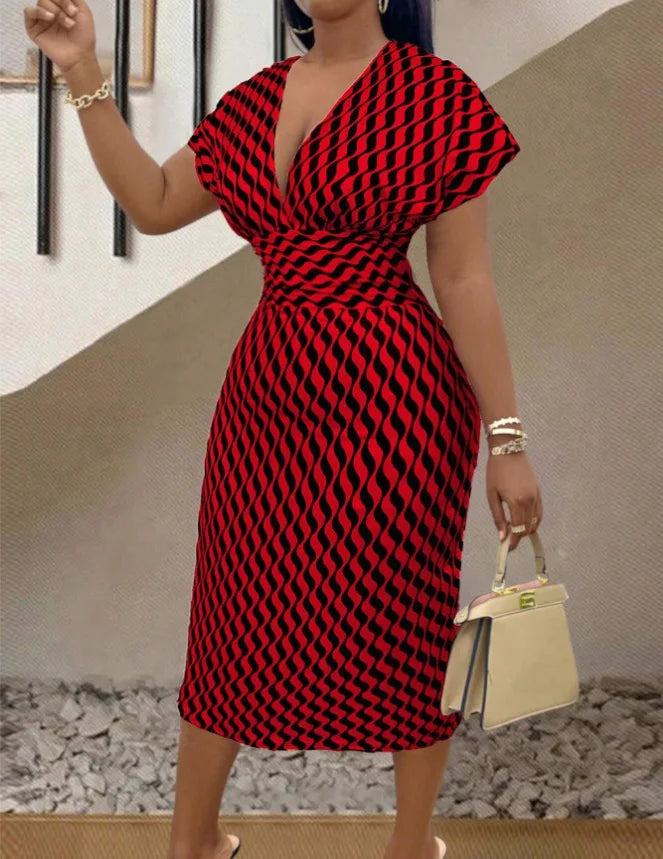 Elegant women's slim midi dress featuring a deep V-neck, short sleeves, and high waist print design, perfect for stylish office wear.