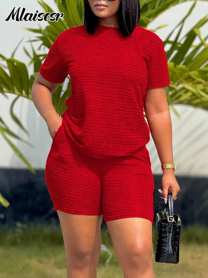 Luxury Mlaiscsr women's sporty O-neck T-shirt and shorts matching set, perfect for casual summer wear, available in sizes S to XXXL. Ideal for a chic and comfortable summer tracksuit look.