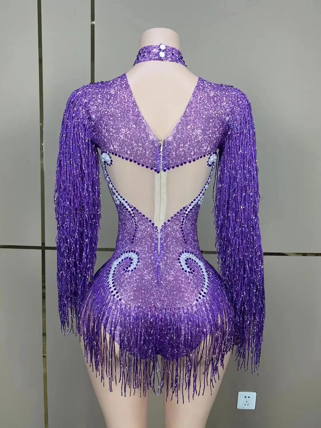 Elegant Luxury Women's Cha-Cha Dance Practice Suit showcasing a slim stretch skirt with fringe design, adorned with shimmering pearl accents.