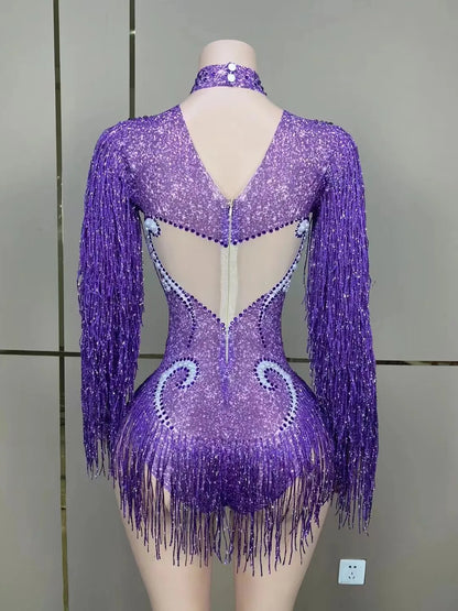 Elegant Luxury Women's Cha-Cha Dance Practice Suit showcasing a slim stretch skirt with fringe design, adorned with shimmering pearl accents.