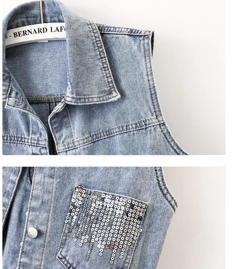 Details of the casual sleeveless sequin denim waistcoat, highlighting the chic turn-down collar and stylish button closure.
