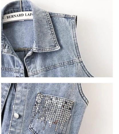 Details of the casual sleeveless sequin denim waistcoat, highlighting the chic turn-down collar and stylish button closure.