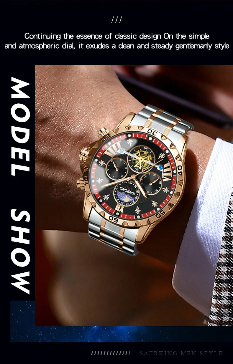 Showcasing the refined details of a luxury stainless steel men's quartz watch, highlighting the push button hidden clasp and robust 14mm case thickness.