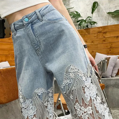 Elegant women's vintage straight leg capris jeans featuring intricate rhinestone embellishments and delicate lace detailing in a luxurious patchwork design.