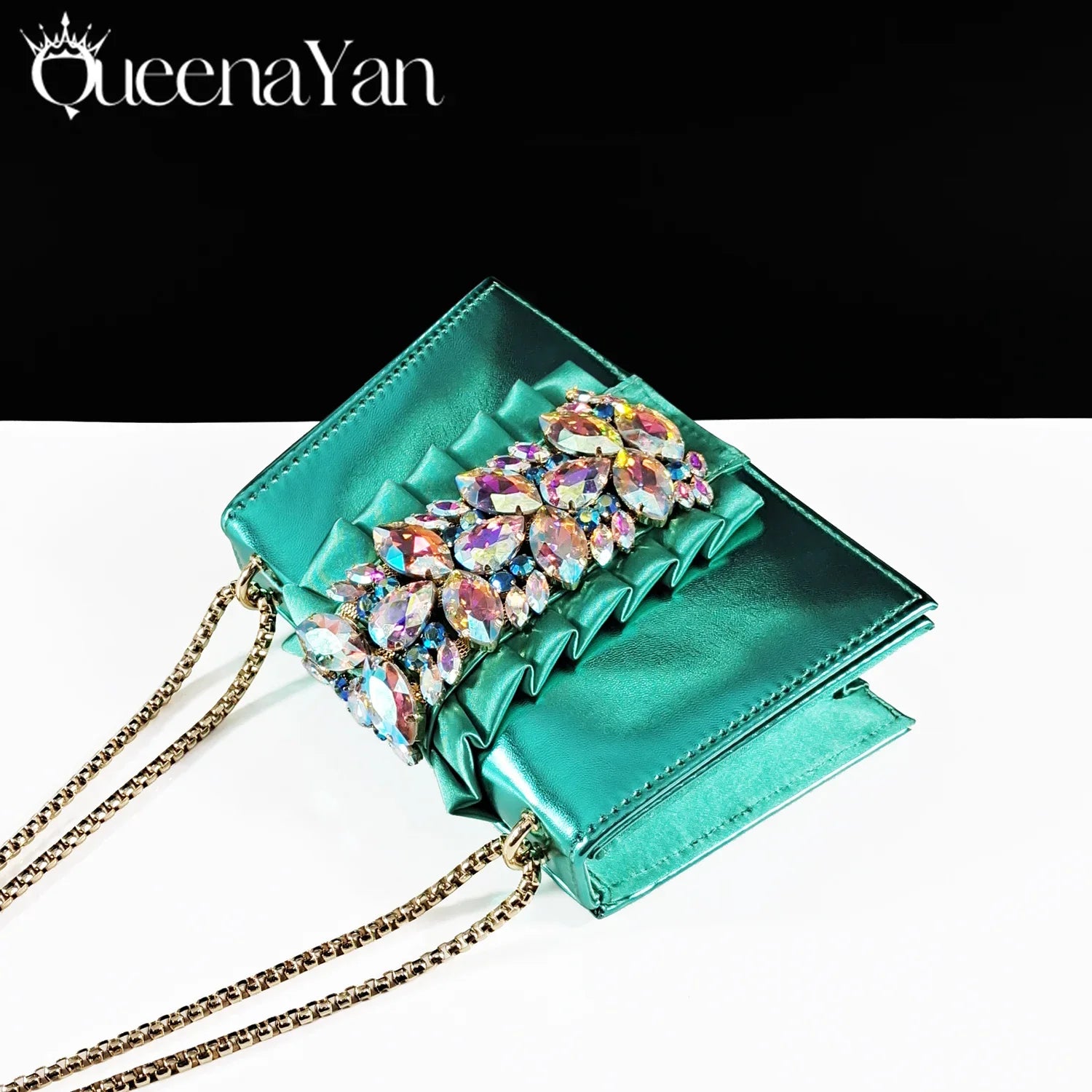 High-resolution image of luxurious green ankle strap pumps with a striking rhinestone detail, crafted for elegance and comfort.