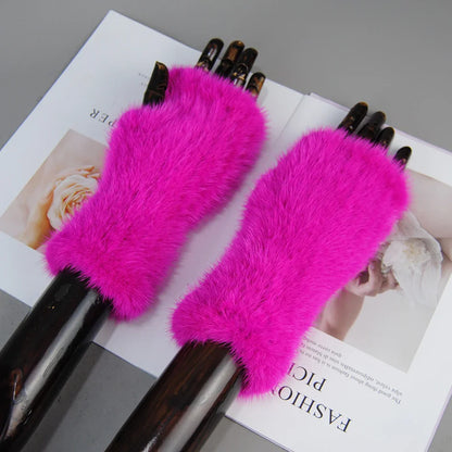 Elegant and warm knitted mink fur gloves for women, showcasing a trendy half finger design.