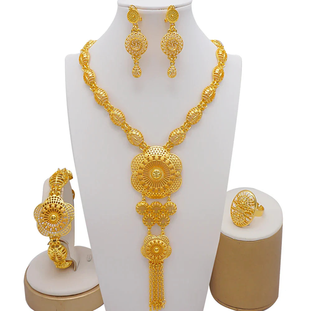 Elegant African design earrings from a luxurious Dubai gold colour jewelry set, ideal for special occasions.