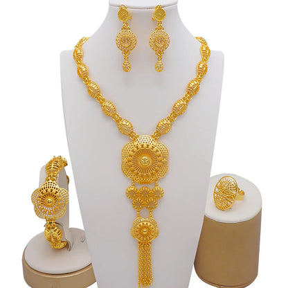 Elegant African design earrings from a luxurious Dubai gold colour jewelry set, ideal for special occasions.