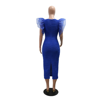 Exquisite CM.YAYA knee-length dress showcasing stunning stripes and delicate butterfly sleeves, designed for a fashionable evening look.