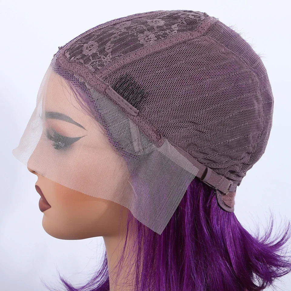 Elegant view of the Brazilian purple short bob wig featuring a 13x5x1 lace design, perfect for versatile styling.