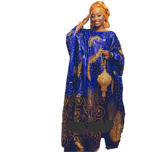 Luxury African Dashiki Bubu Dress in rich blue cotton featuring intricate embroidery lace and a coordinating shawl, perfect for elegant parties and special occasions.