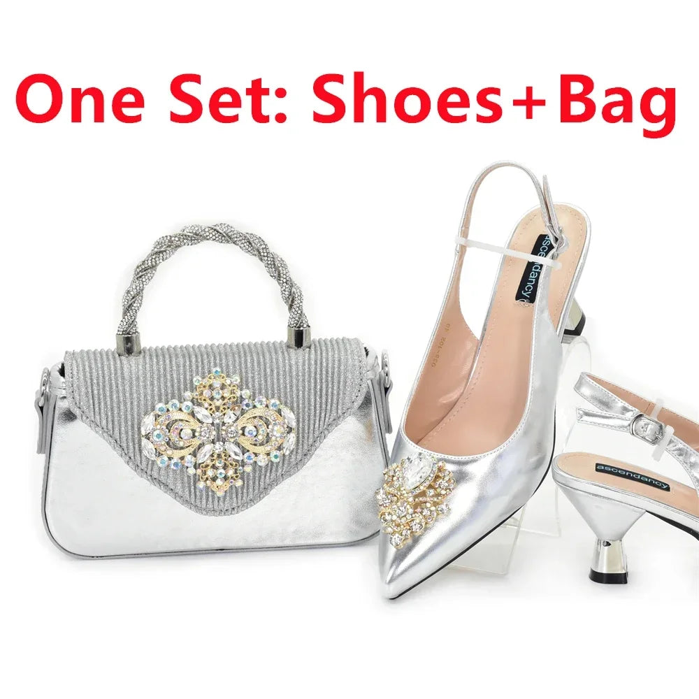 Stylish matching handbag set paired with Italian heeled pumps, designed for women, ideal for elegant occasions.