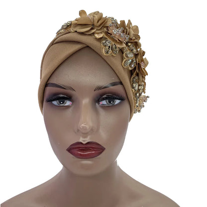 Elegant African turban cap adorned with exquisite rhinestone accents, perfect stylish head wrap for women in size 56-58cm.
