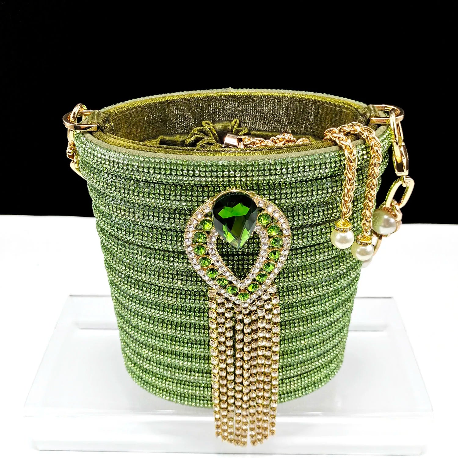 Elegant olive green high heel peep toe pumps embellished with dazzling rhinestones, perfect for luxury evening wear.