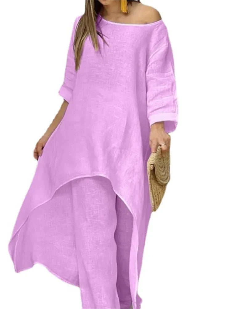 Close-up of the exquisite texture and composition of the Women's Casual Cotton Linen Two Piece Set, showcasing high-quality fabric for a luxurious feel.