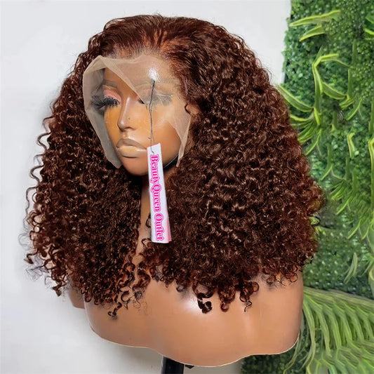 Luxury brown kinky curly short bob lace front wig, crafted from 100% Brazilian deep wave human hair, featuring a stunning #4 chocolate brown colour and a transparent Swiss lace base.