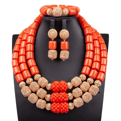 Elegant Luxury African Beads Jewelry Set including a statement necklace, earrings, and bracelet crafted from artificial coral.