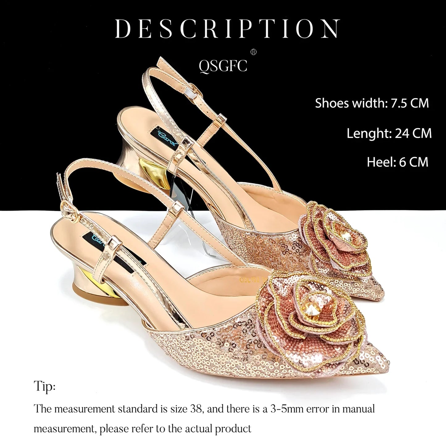 QSGFC Elegant Gold Wedding Shoes featuring handmade floral accents, luxurious design in size 38-43.