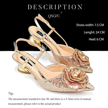 QSGFC Elegant Gold Wedding Shoes featuring handmade floral accents, luxurious design in size 38-43.