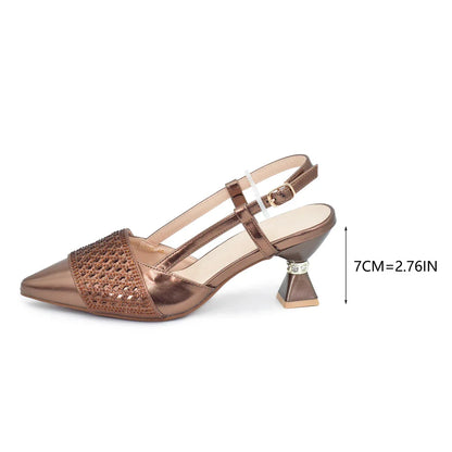 Glamorous gold and purple high heel slingbacks from the elegant Italian shoe and bag set with stunning rhinestones, ideal for sophisticated occasions.