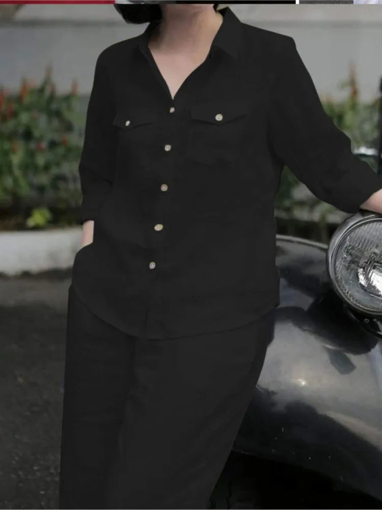 Chic women's 2-piece outfit featuring a turn-down collar long sleeve shirt and ankle-length wide leg pants in vibrant red, ideal for office wear and elegant gatherings.