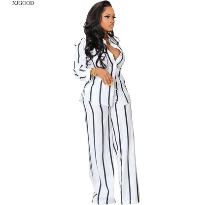 Stunning women's luxe casual two-piece set with striking stripes, ideal for modern, high-end casual wardrobes.