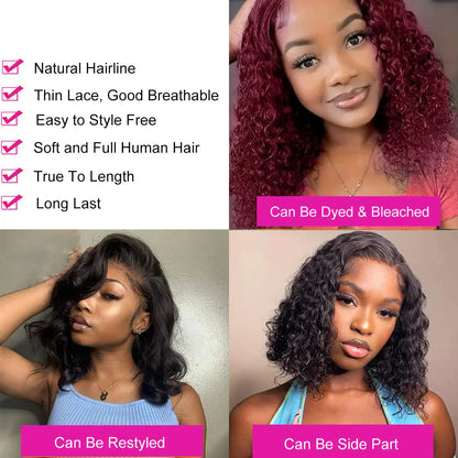 Detailed view of Luxury Brazilian Deep Curly Bob Wig showcasing Remy Hair texture and Swiss Lace base for an exquisite, natural appearance.