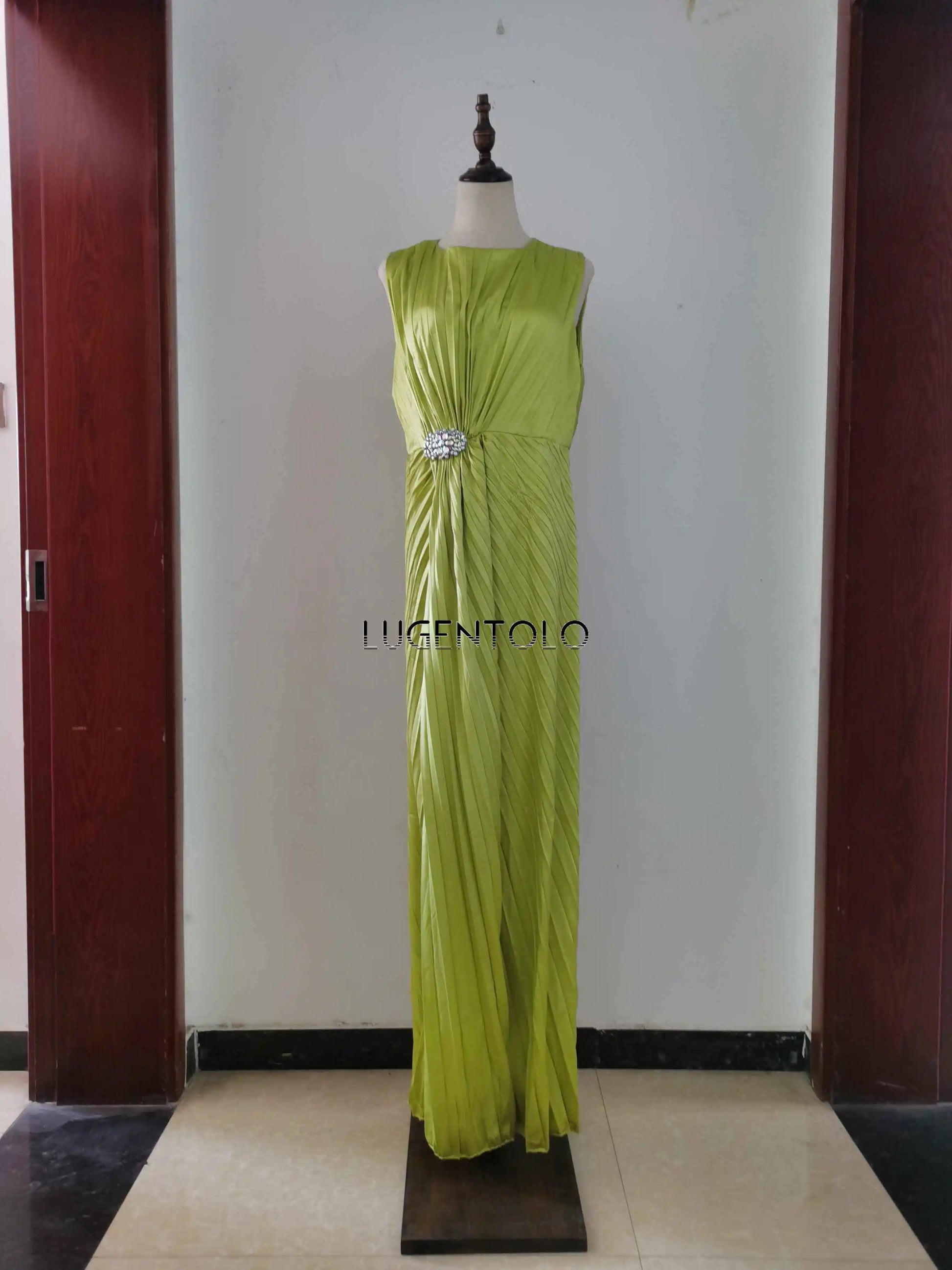 Elegant women's sleeveless A-line dress featuring an empire waist and solid round neck, perfect for formal occasions.