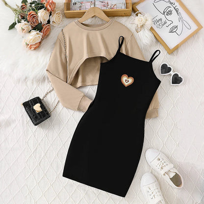 Elegant girls' fashion casual dress set featuring a stylish hip skirt and short top, designed for ages 8-12 years, crafted from high-quality solid polyester, perfect for autumn occasions.