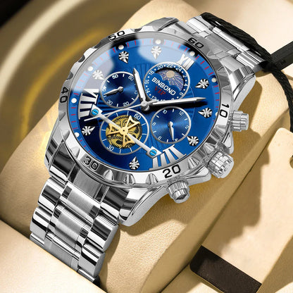 Elegant men's quartz watch in stainless steel with a refined moon phase complication and waterproof capabilities, perfect for the modern gentleman.