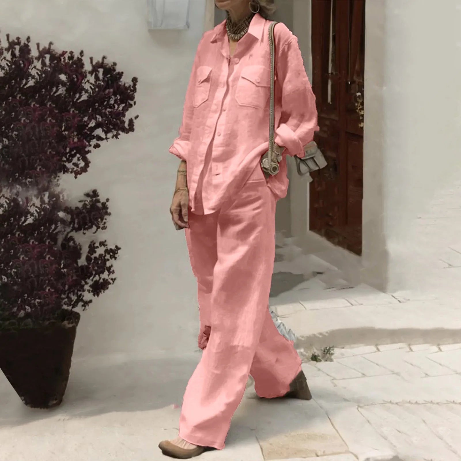 Fashionable Women's 2PCS Set featuring a sophisticated turn-down collar long sleeve shirt paired with elegant wide leg pants, perfect for summer and autumn occasions.